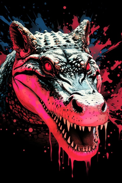 Il y a un T-Rex avec un fond rouge et noir.