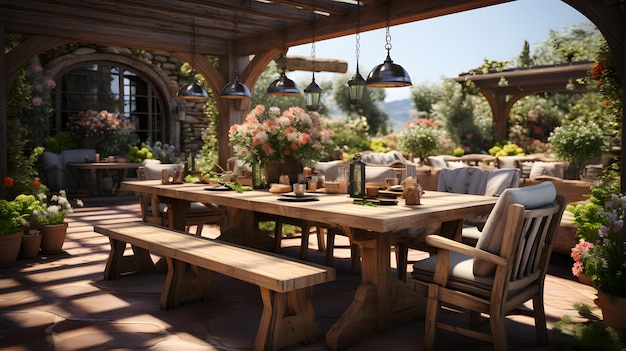 il y a une table en bois avec des chaises et un banc sur le patio Generative AI