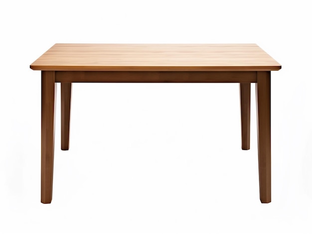 Il y a une table en bois avec un dessus en bois sur un fond blanc.