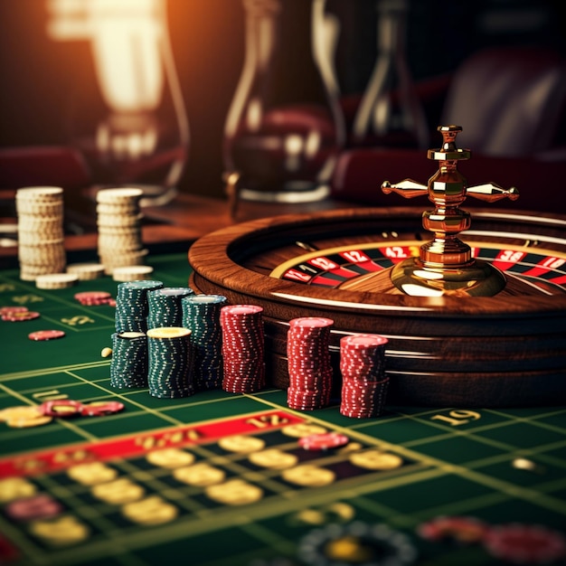 Il y a une table de casino avec une roulette et des jetons sur elle.