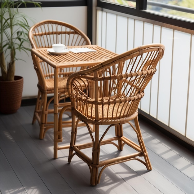 il y a une table et des chaises sur un balcon avec une plante en pot ai générative