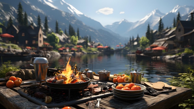 Il y a une table avec un grill et un bol de fruits dessus.