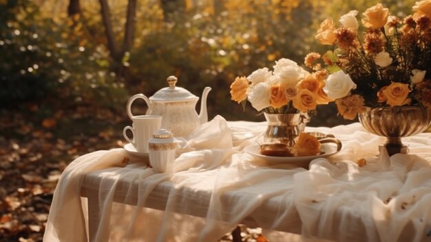 Il y a une table avec un tissu blanc et un vase de fleurs générative ai