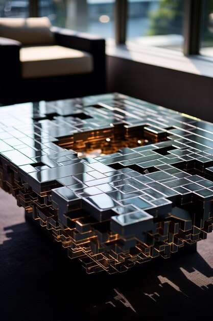 il y a une table en verre avec un design carré dessus IA générative