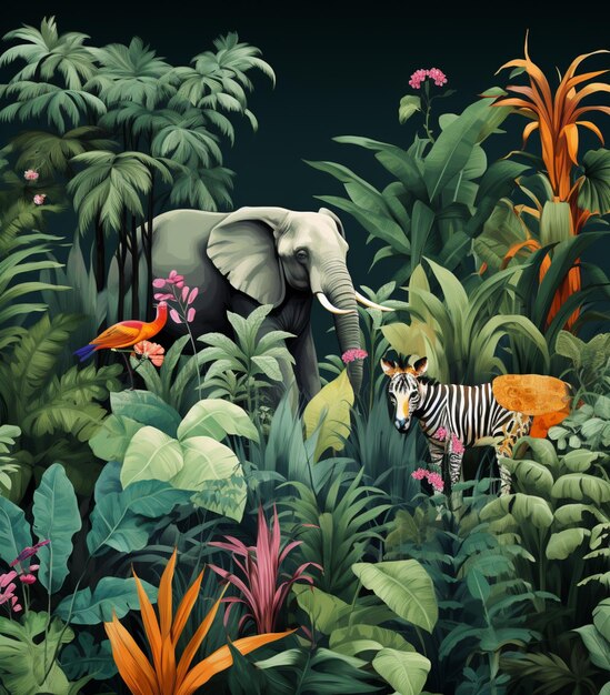 Photo il y a un tableau d'un éléphant et d'un zèbre dans la jungle.