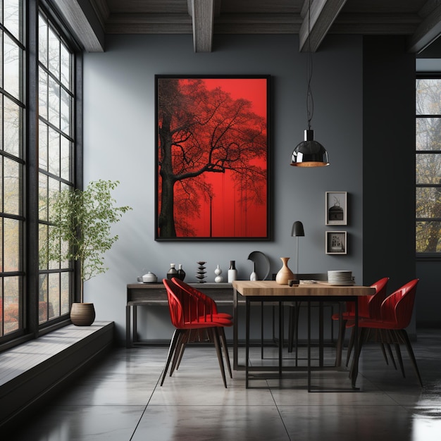 il y a un tableau rouge accroché au mur au dessus d'une table ai générative