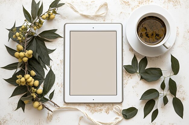 Il y a une tablette et une tasse de café sur une table.