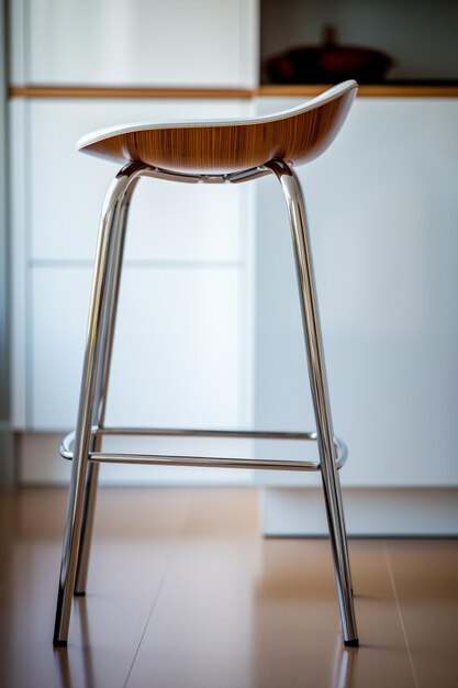 Photo il y a un tabouret en bois assis dans une cuisine avec un cabinet blanc génératif ai