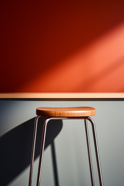 Photo il y a un tabouret en bois assis devant un mur rouge génératif ai