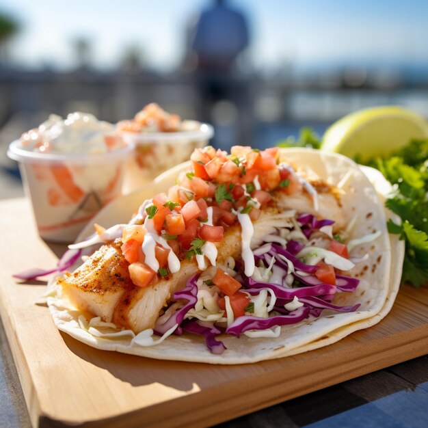 Il y a un taco avec des crevettes et des légumes sur une planche à couper.