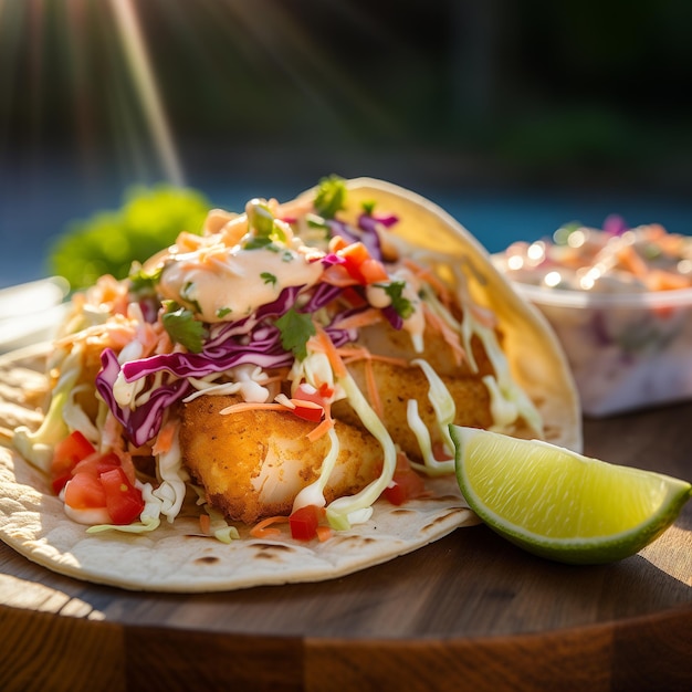 Il y a un taco de poisson avec salade et salade de chou sur une assiette générative ai