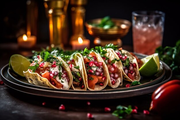 Il y a des tacos sur une assiette avec un côté de boissons génératives ai