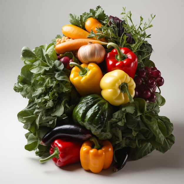 Il y a un tas de légumes et de fruits sur une surface blanche générative ai