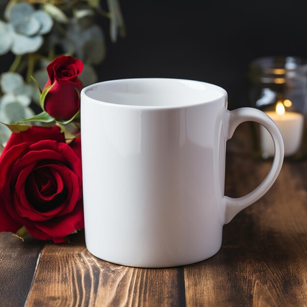 Il y a une tasse blanche avec une rose rouge sur une table générative ai