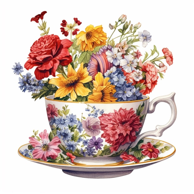 Il y a une tasse avec un bouquet de fleurs dedans.