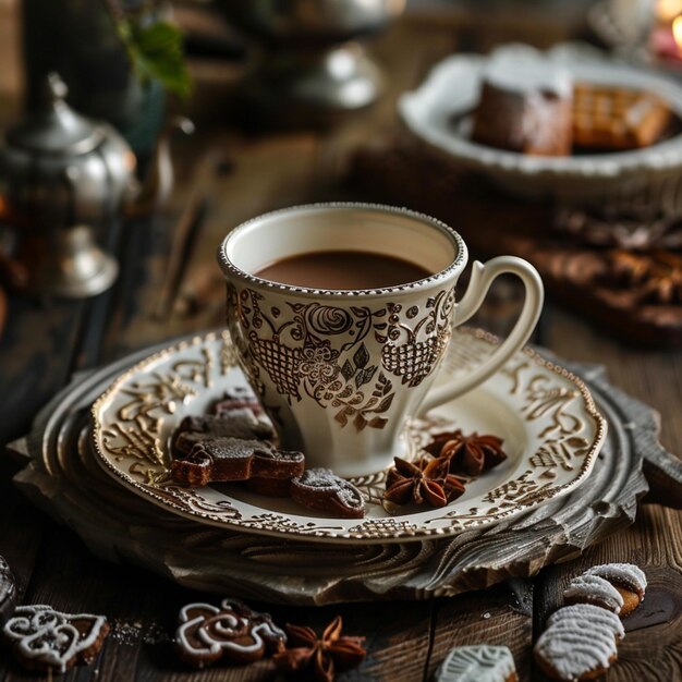 Il y a une tasse de café sur une assiette avec des biscuits et des biscuites génératifs ai