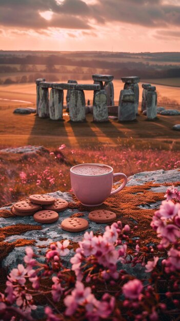 Photo il y a une tasse de café et des biscuits sur une roche générative ai