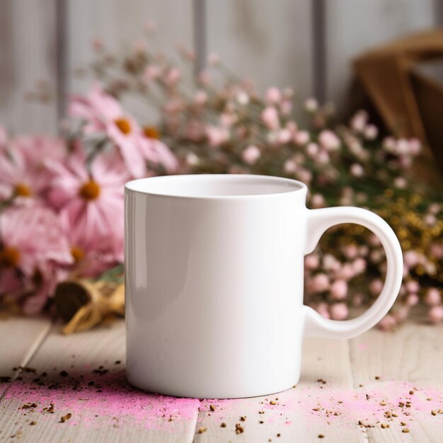 Il y a une tasse de café blanche assise sur une table avec des fleurs roses.