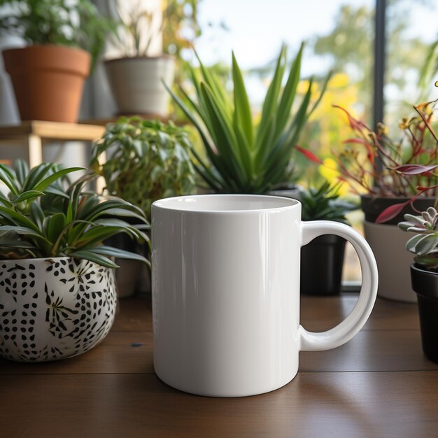Il y a une tasse de café blanche assise sur une table avec des plantes en pot.