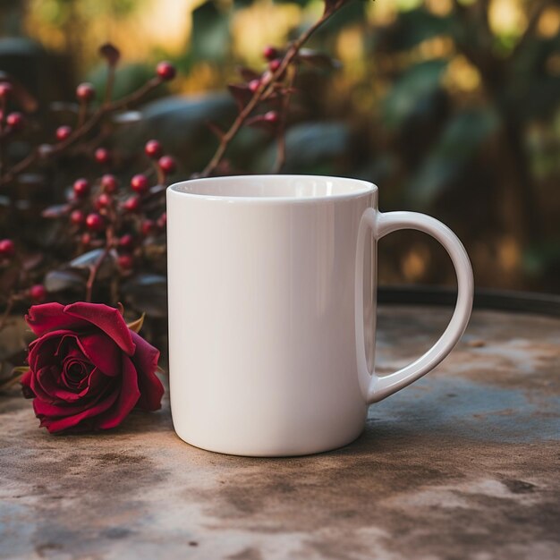 Il y a une tasse de café blanche assise sur une table avec une rose rouge générative ai