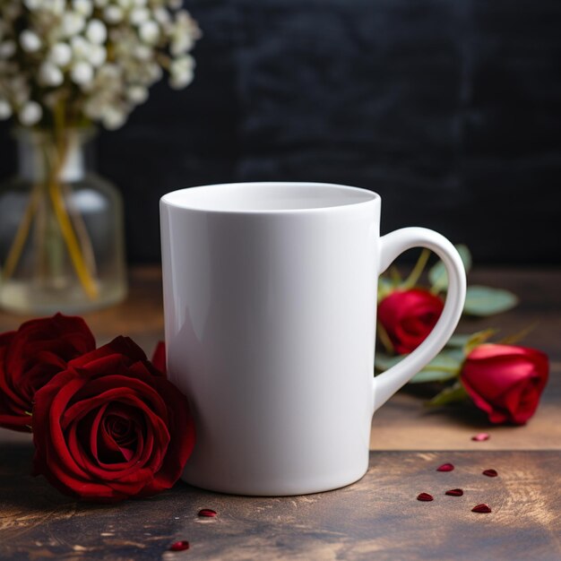 Il y a une tasse de café blanche avec une rose rouge sur la table.