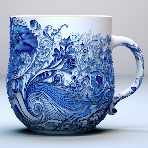 il y a une tasse à café bleue et blanche avec un motif floral dessus ai générative