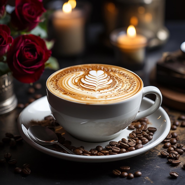 Il y a une tasse de café avec un cœur dessus.