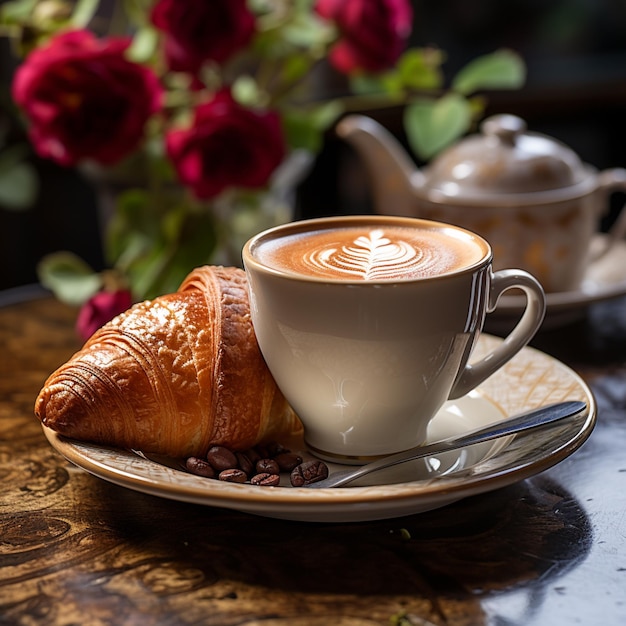 Il y a une tasse de café et un croissant sur une assiette générative ai