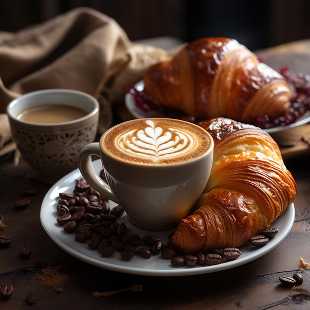 Il y a une tasse de café et un croissant sur une assiette générative ai