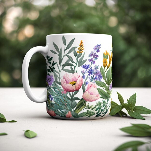 Il y a une tasse de café avec un dessin floral sur elle.