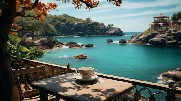 Il y a une tasse de café sur une table sur un balcon.