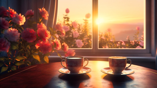 Il y a une tasse de café sur une table avec le soleil qui se lève derrière elle.