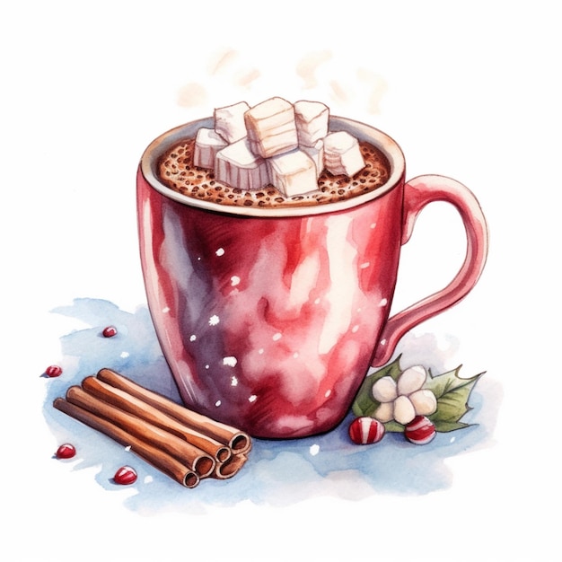 Il y a une tasse de chocolat chaud avec des marshmallows et de la cannelle générative ai