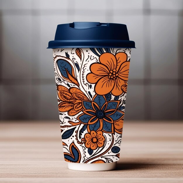 Il y a une tasse avec un couvercle et un dessin de fleur dessus.