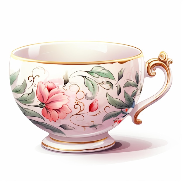 Il y a une tasse avec un dessin floral dessus.