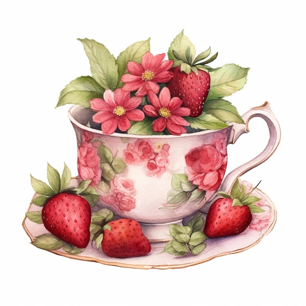 Il y a une tasse avec des fraises et des fleurs dessus.
