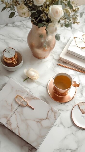 Il y a une tasse de thé et un livre sur une table.