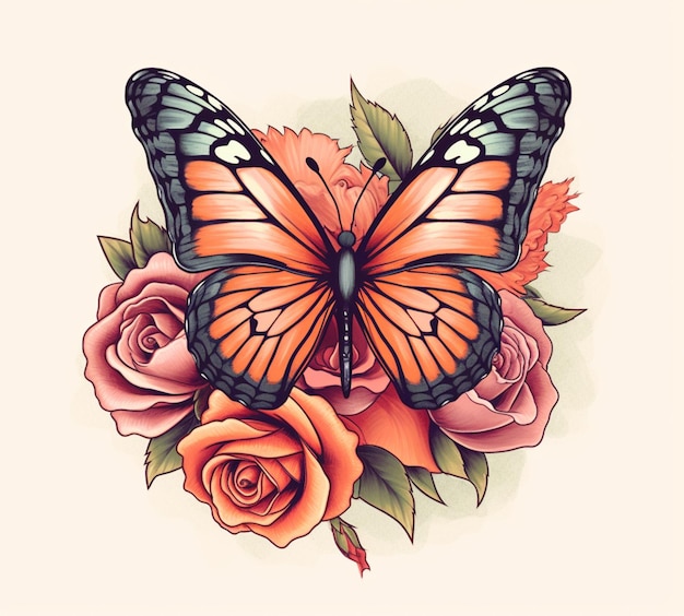 Il y a un tatouage de papillon et de roses sur un fond blanc.