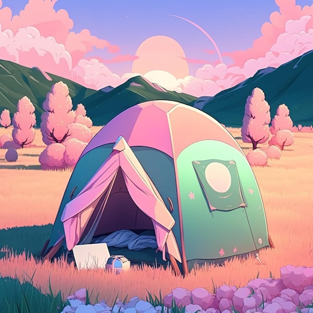 Il y a une tente au milieu d'un champ avec des montagnes en arrière-plan.