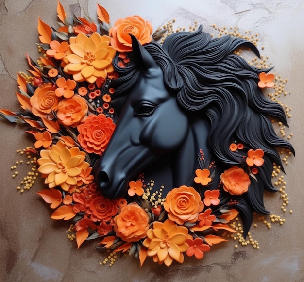 Il y a une tête de cheval noir avec des fleurs d'orange sur elle.