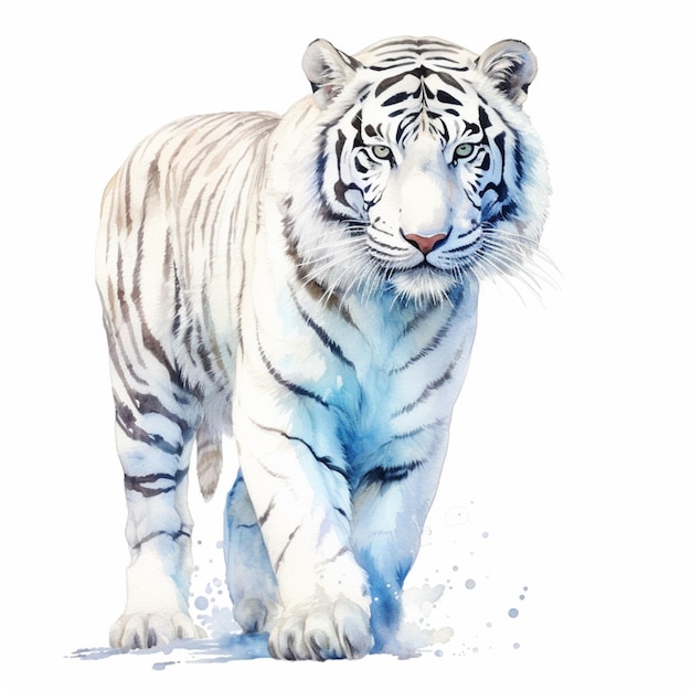 Il y a un tigre blanc marchant sur la neige avec un fond blanc ai génératif