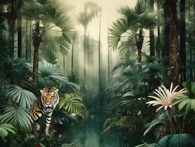 Il y a un tigre qui se promène dans une jungle avec des palmiers.