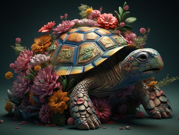 Photo il y a une tortue assise sur un arrangement floral ai génératif