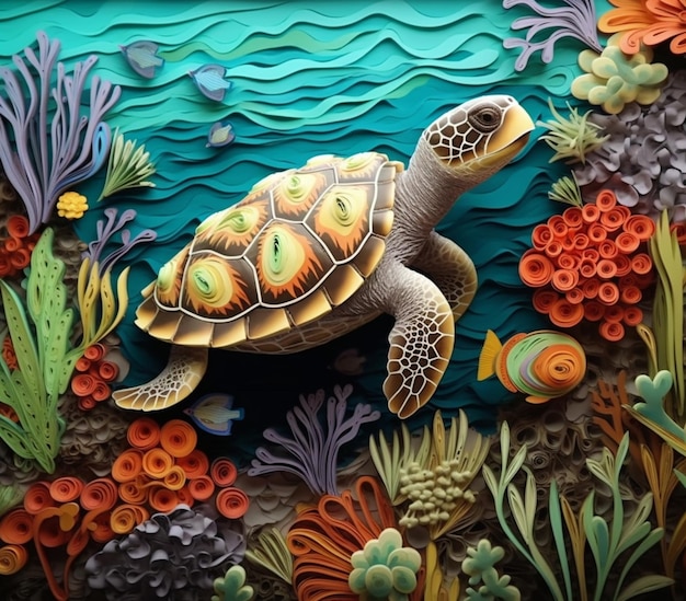 Il y a une tortue coupée en papier au milieu d'une scène de mer.