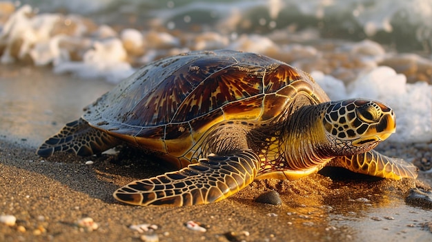 Il y a une tortue qui est allongée sur le sable par le générateur d'eau ai