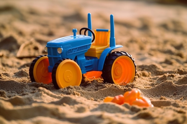 il y a un tracteur jouet sur le sable avec des roues orange ai générative