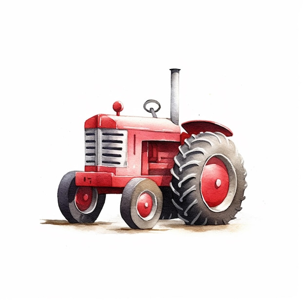 Il y a un tracteur rouge avec un gros pneu sur un fond blanc.