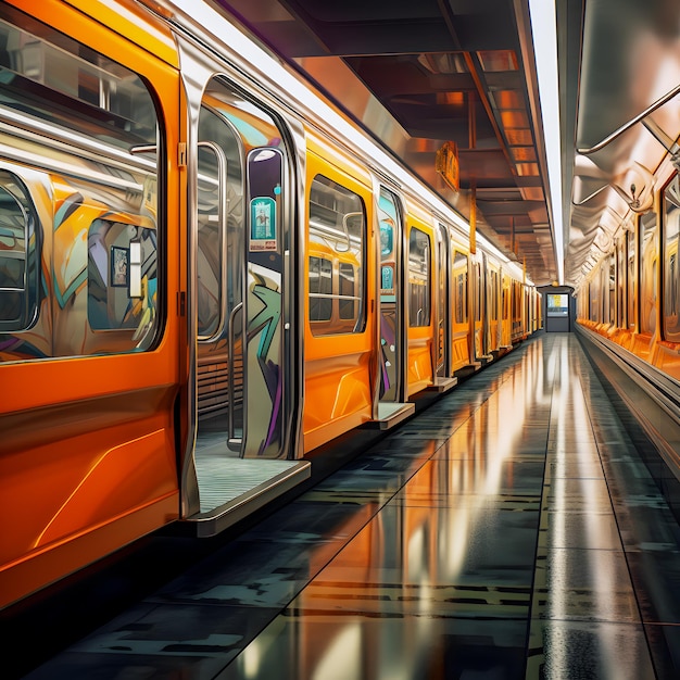 Il y a un train qui est garé dans une gare avec ses portes ouvertes.