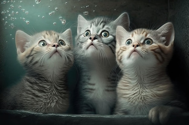 Il y a trois adorables chatons qui attendent d'être nourris ou qui aiment les visages de chats regardant avec émerveillement