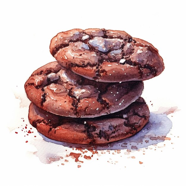 Il y a trois biscuits au chocolat empilés l'un sur l'autre.